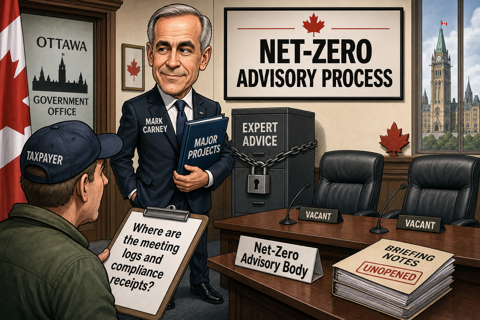 Editorial cartoon showing Mark Carney beside a locked expert advice cabinet while taxpayers ask for net-zero advisory meeting logs and compliance receipts