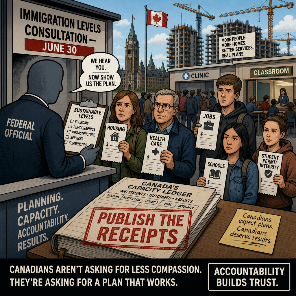 Editorial cartoon showing an Ottawa immigration levels consultation booth while taxpayers ask for housing health care schools jobs and student permit integrity receipts