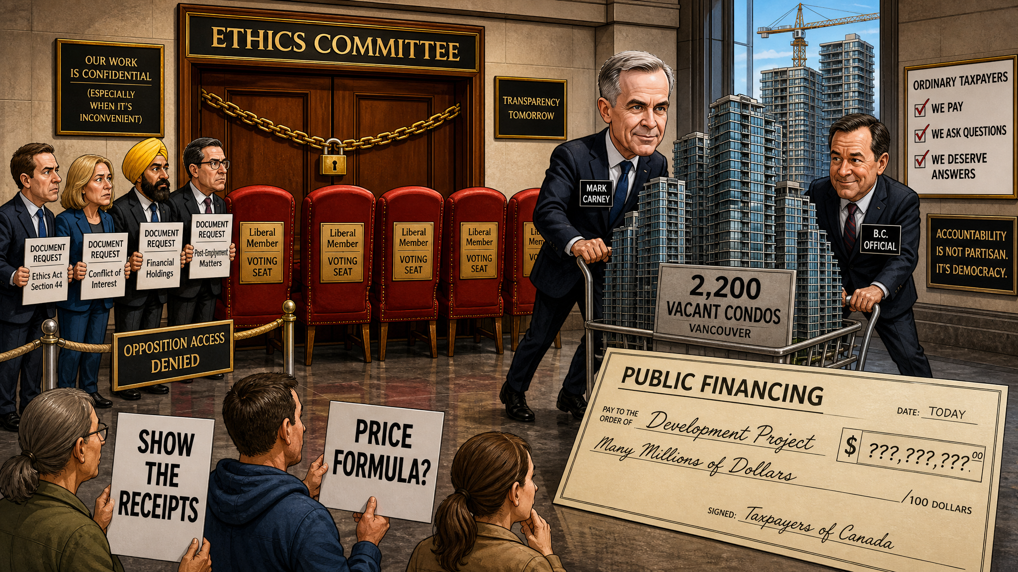 Editorial cartoon showing a locked ethics committee room, unsold Vancouver condos, and taxpayers demanding price and conflict-screen receipts
