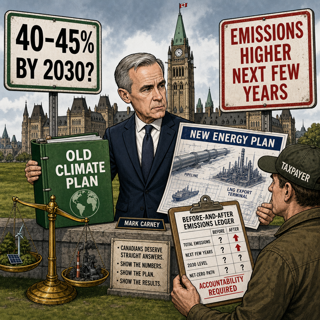 Editorial cartoon showing Mark Carney between old climate promises and new pipeline plans while a taxpayer asks for a before-and-after emissions ledger