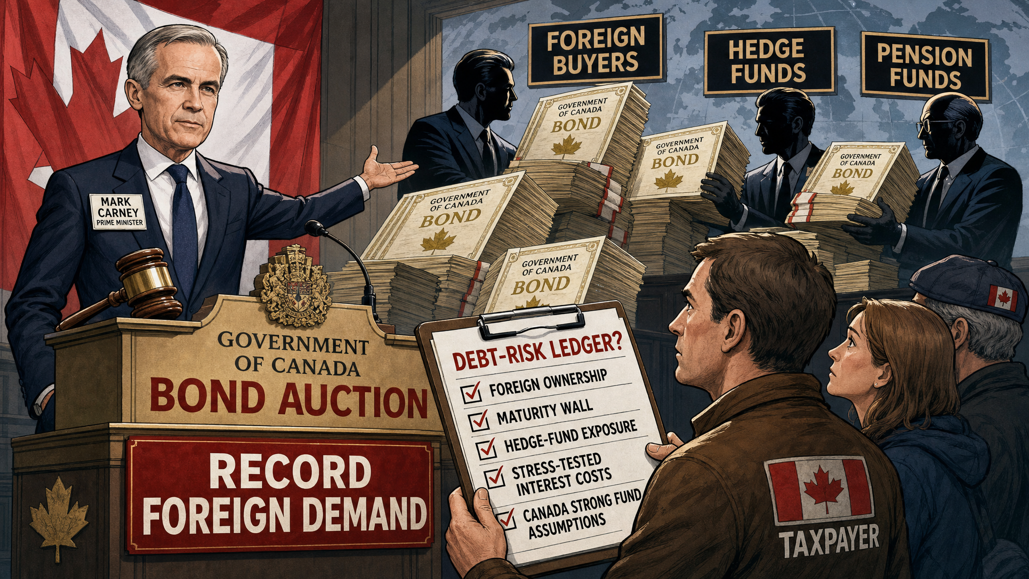 Editorial cartoon showing Mark Carney at a Government of Canada bond auction while foreign buyers purchase debt and taxpayers ask for a debt-risk ledger