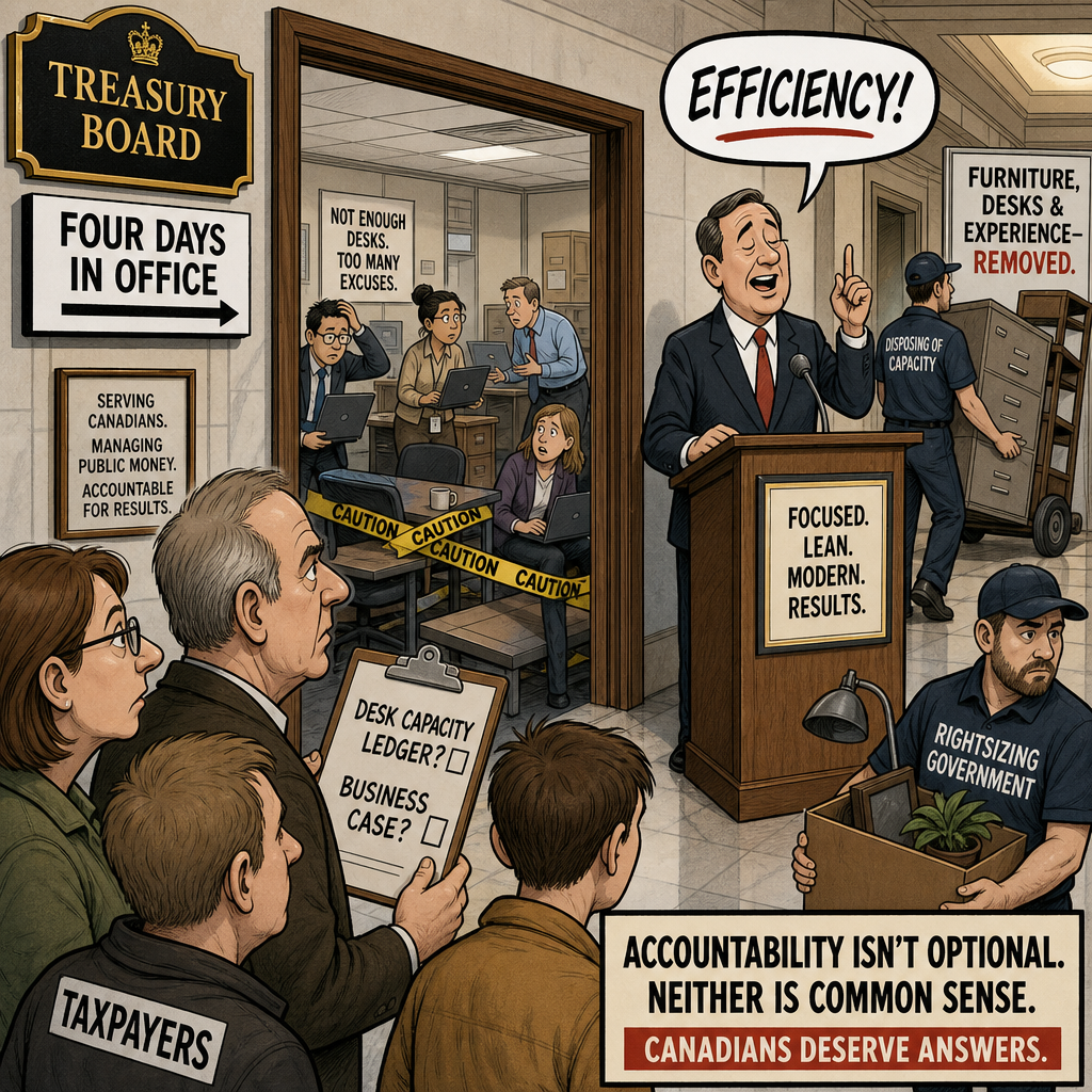 Editorial cartoon showing a four-day office mandate with too few desks while taxpayers ask for a desk-capacity ledger