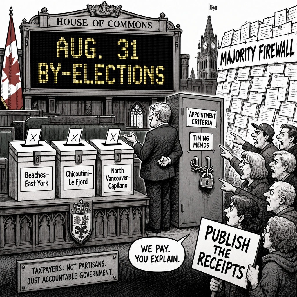Editorial cartoon showing three August 31 by-election ballot boxes, a House of Commons majority firewall and taxpayers asking for appointment and timing receipts