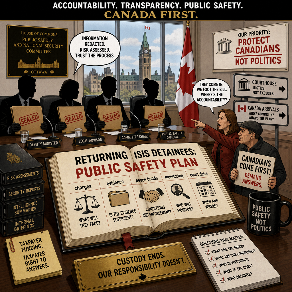 Editorial cartoon showing an ISIS returnee risk ledger with columns for charges, evidence, peace bonds and monitoring while taxpayers demand public safety receipts