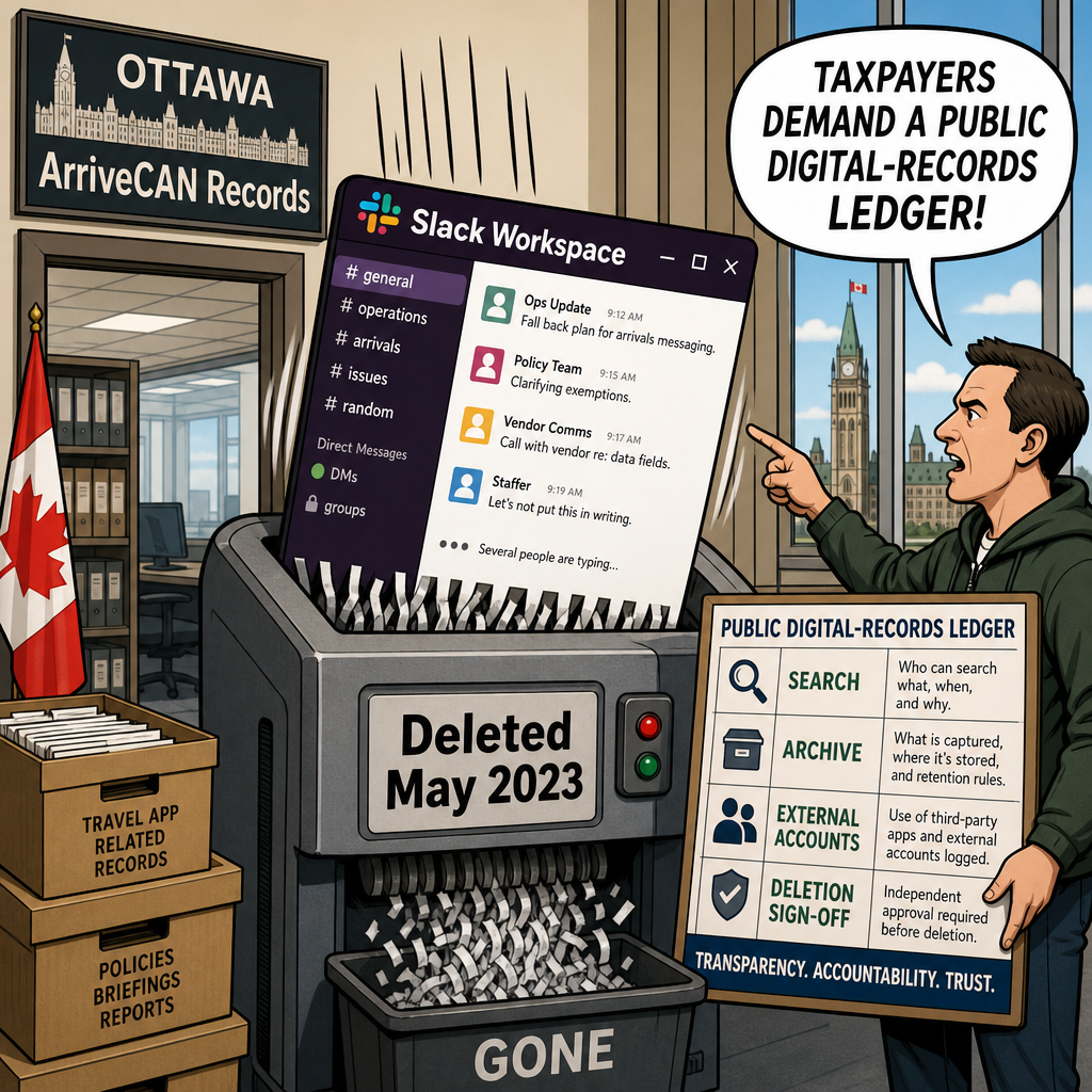 Editorial cartoon showing an ArriveCAN Slack workspace being deleted while taxpayers demand an ATIP digital-records ledger