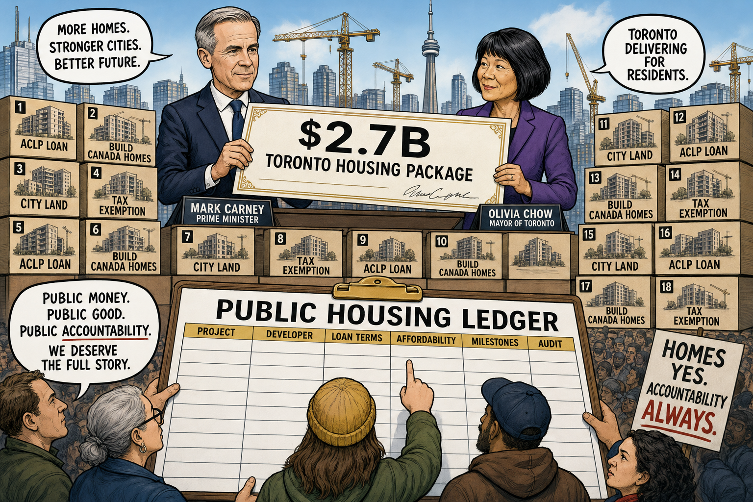 Editorial cartoon showing Carney and Chow announcing a Toronto housing cheque while taxpayers demand a public housing ledger