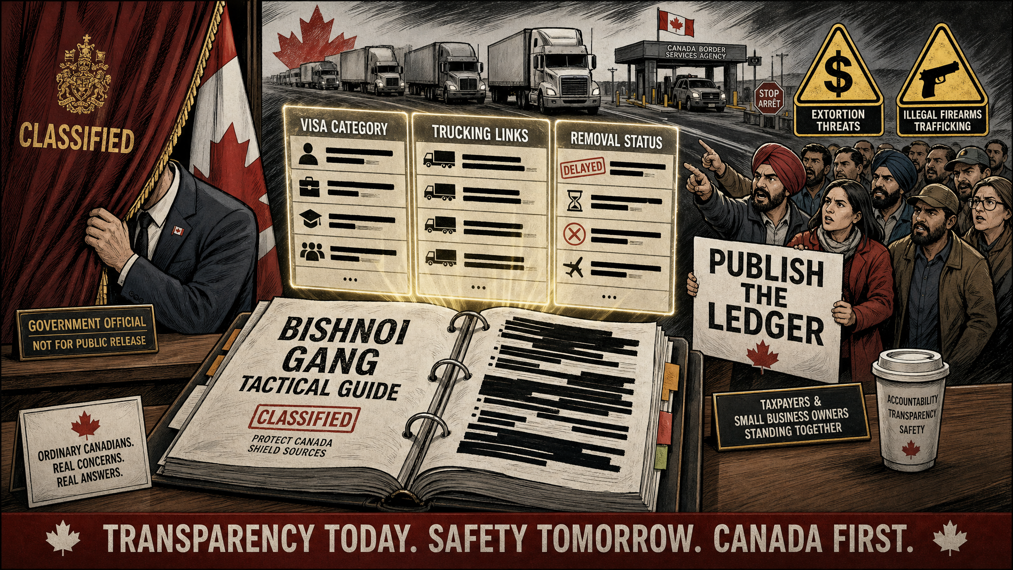 Editorial cartoon showing a redacted Bishnoi gang tactical guide with visa category, trucking links and removal status ledger columns while Canadians demand public receipts