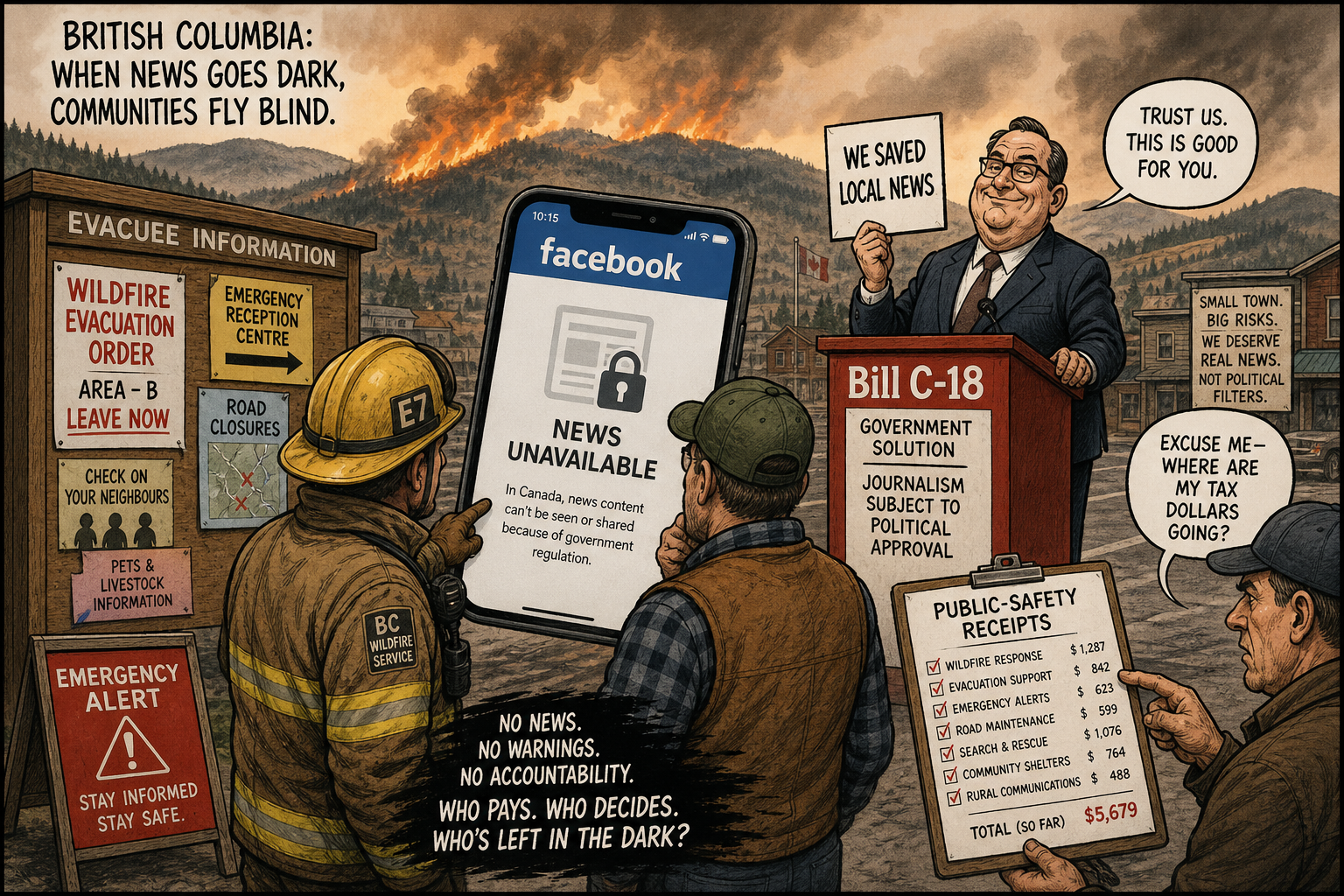 Editorial cartoon showing rural wildfire evacuees looking at a Facebook news unavailable screen beside a Bill C-18 podium while taxpayers demand public-safety receipts
