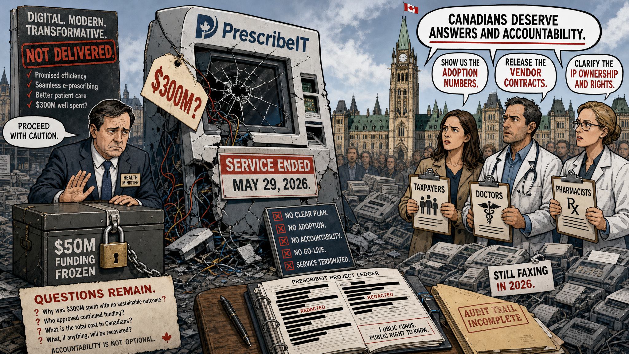 Editorial cartoon showing a broken PrescribeIT machine, a $50M frozen funding box and taxpayers demanding adoption, contract and IP receipts