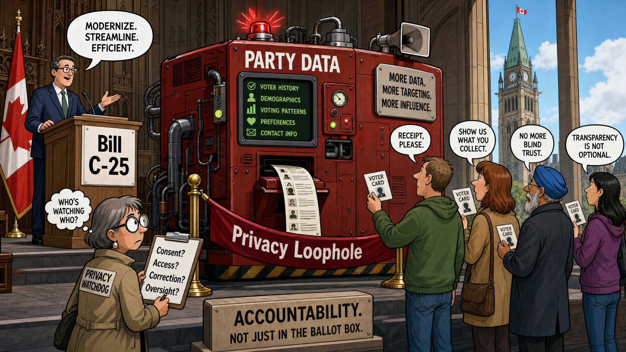 Editorial cartoon showing a Bill C-25 party-data machine behind a privacy loophole rope while Canadians demand consent, access, correction and oversight receipts