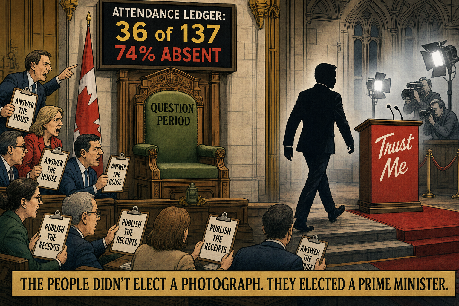 Editorial cartoon showing an empty Question Period chair with an attendance ledger reading 36 of 137 while taxpayers demand public accountability receipts from Mark Carney