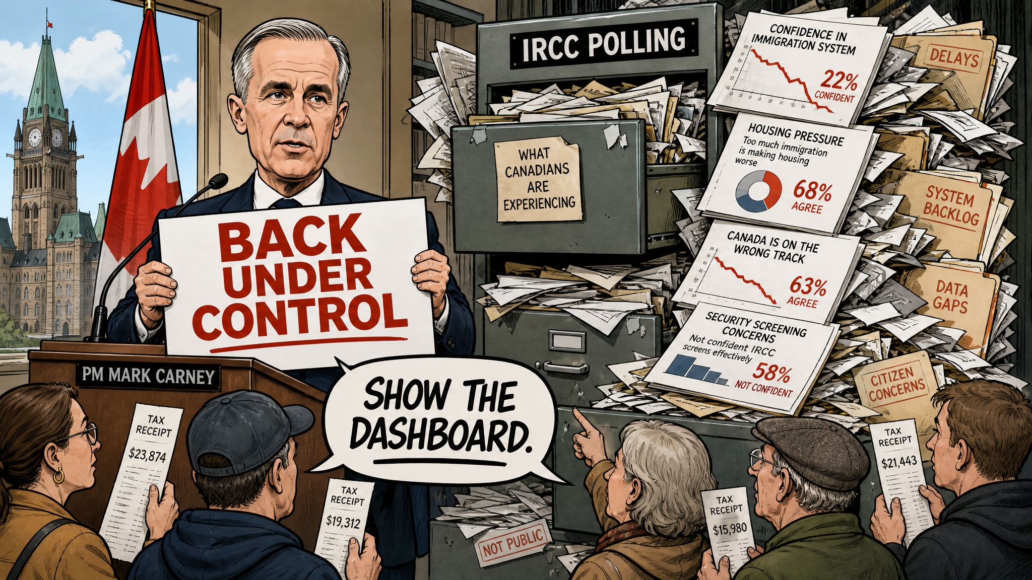 Editorial cartoon showing Mark Carney saying immigration is back under control while IRCC polling files spill out behind him