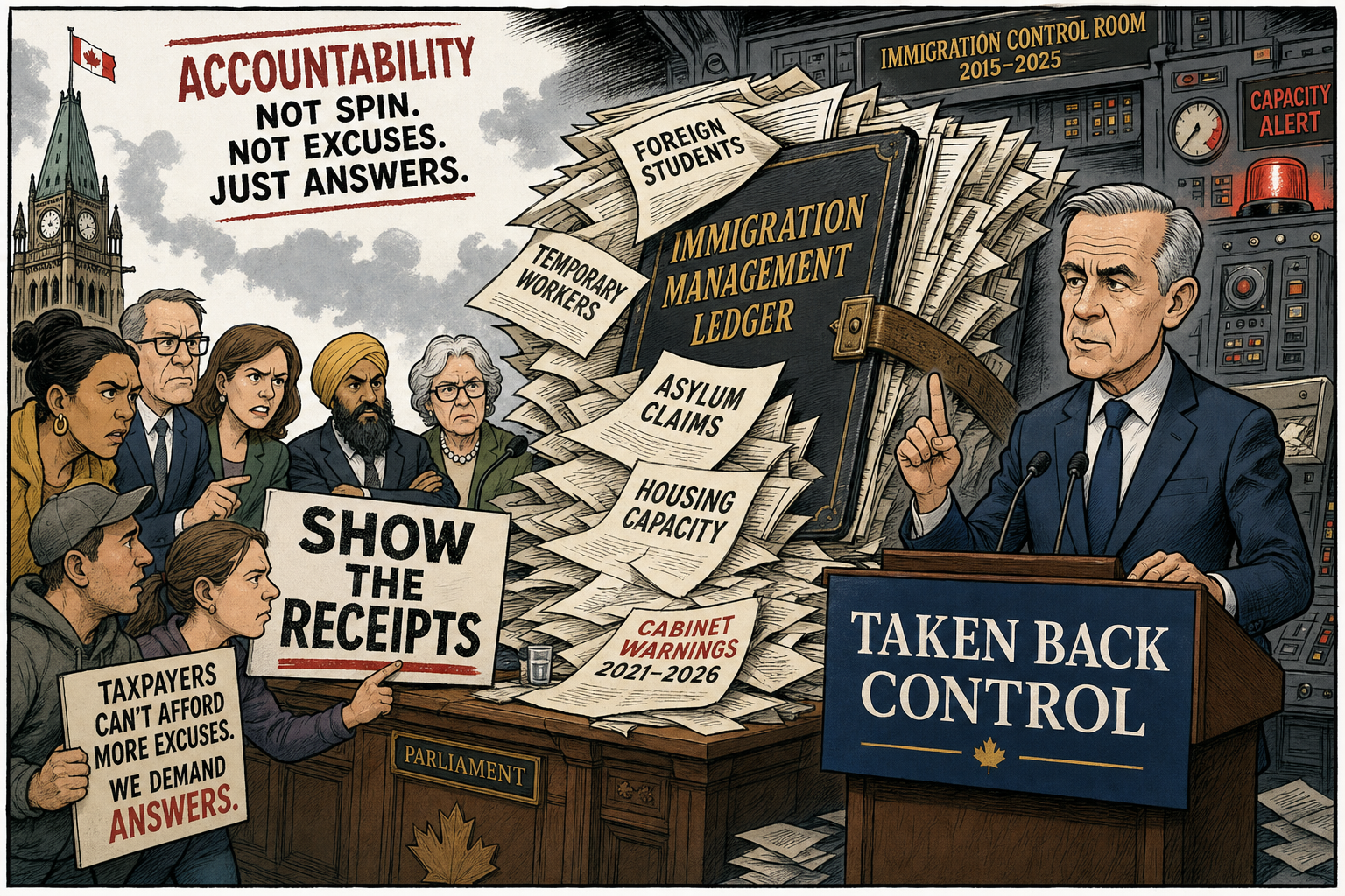 Editorial cartoon showing Mark Carney at a taken-back-control podium while immigration files spill from a control-room ledger
