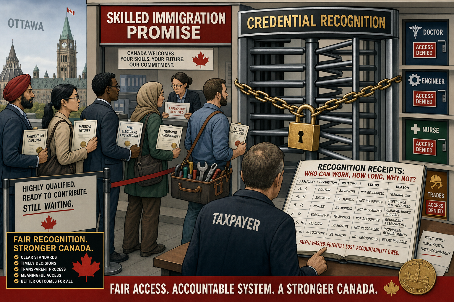 Editorial cartoon showing skilled newcomers blocked by a locked credential-recognition turnstile while taxpayers demand a recognition ledger