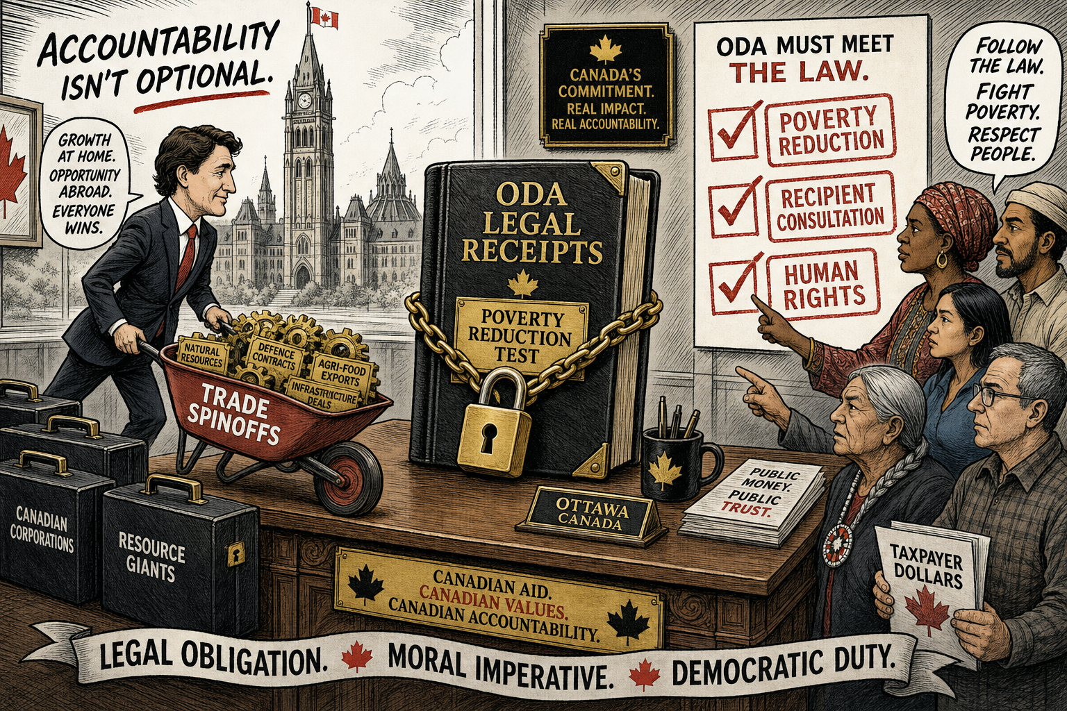 Editorial cartoon showing Ottawa’s aid-for-trade pivot beside a locked ODA legal receipts ledger and poverty-reduction checklist