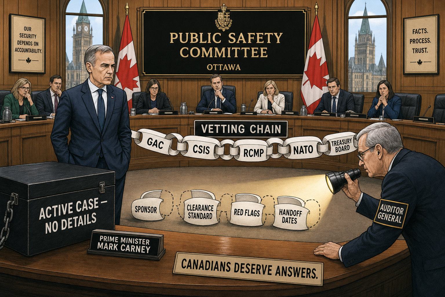 Editorial cartoon showing a public safety committee examining a NATO vetting chain while officials stand beside a black box