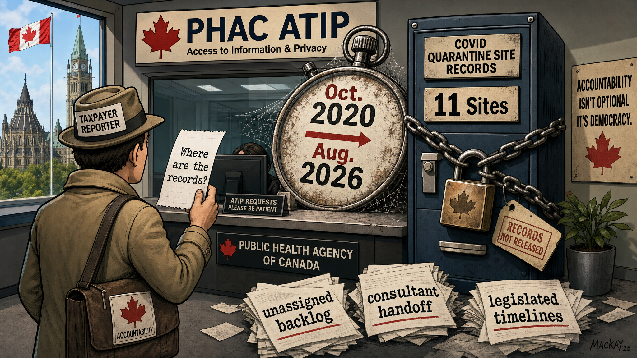 Editorial cartoon showing a PHAC ATIP office, a six-year clock and locked COVID quarantine-site records while taxpayers demand release receipts