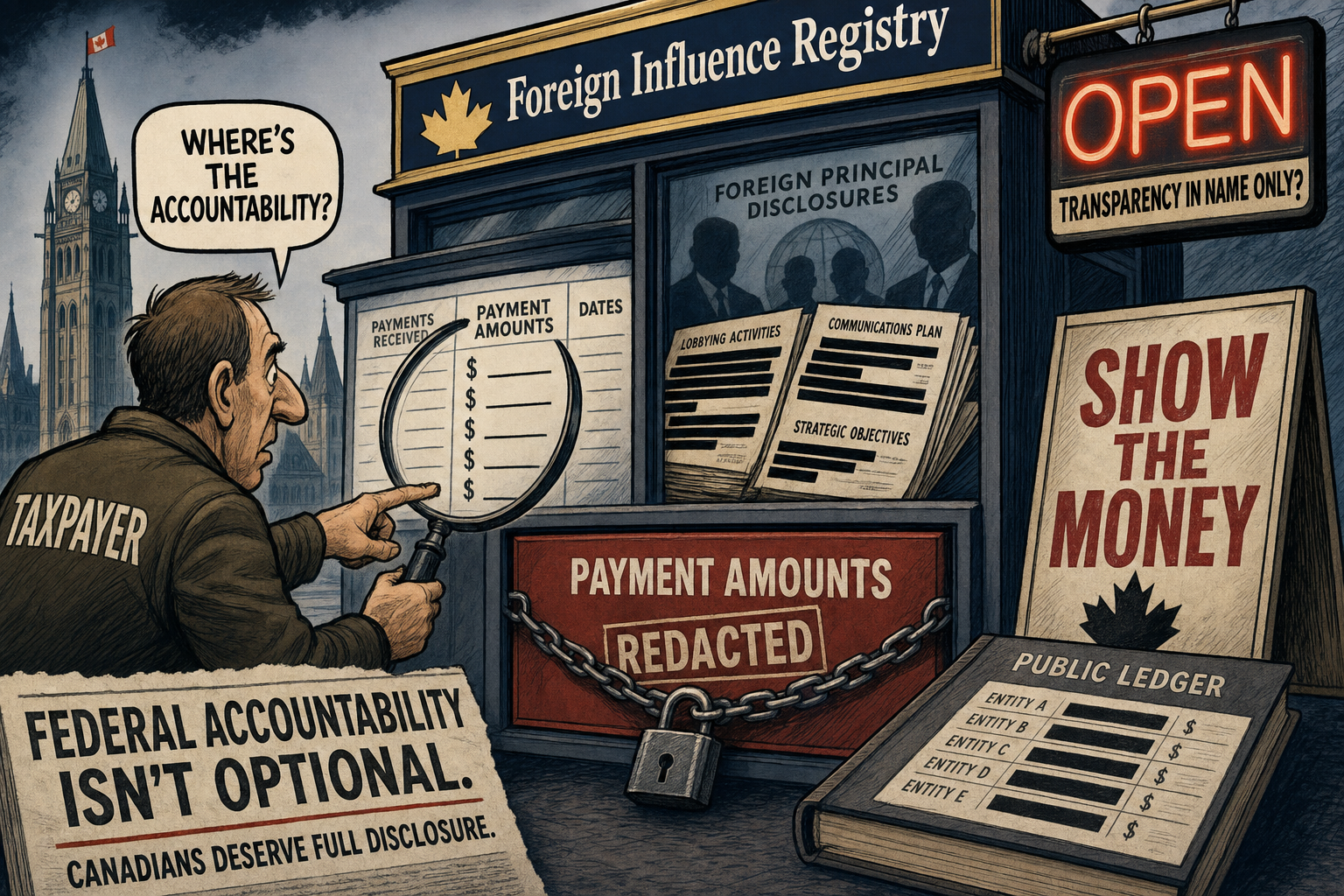 Editorial cartoon showing Canada’s foreign influence registry open while a locked payment amounts drawer hides the money from taxpayers demanding receipts
