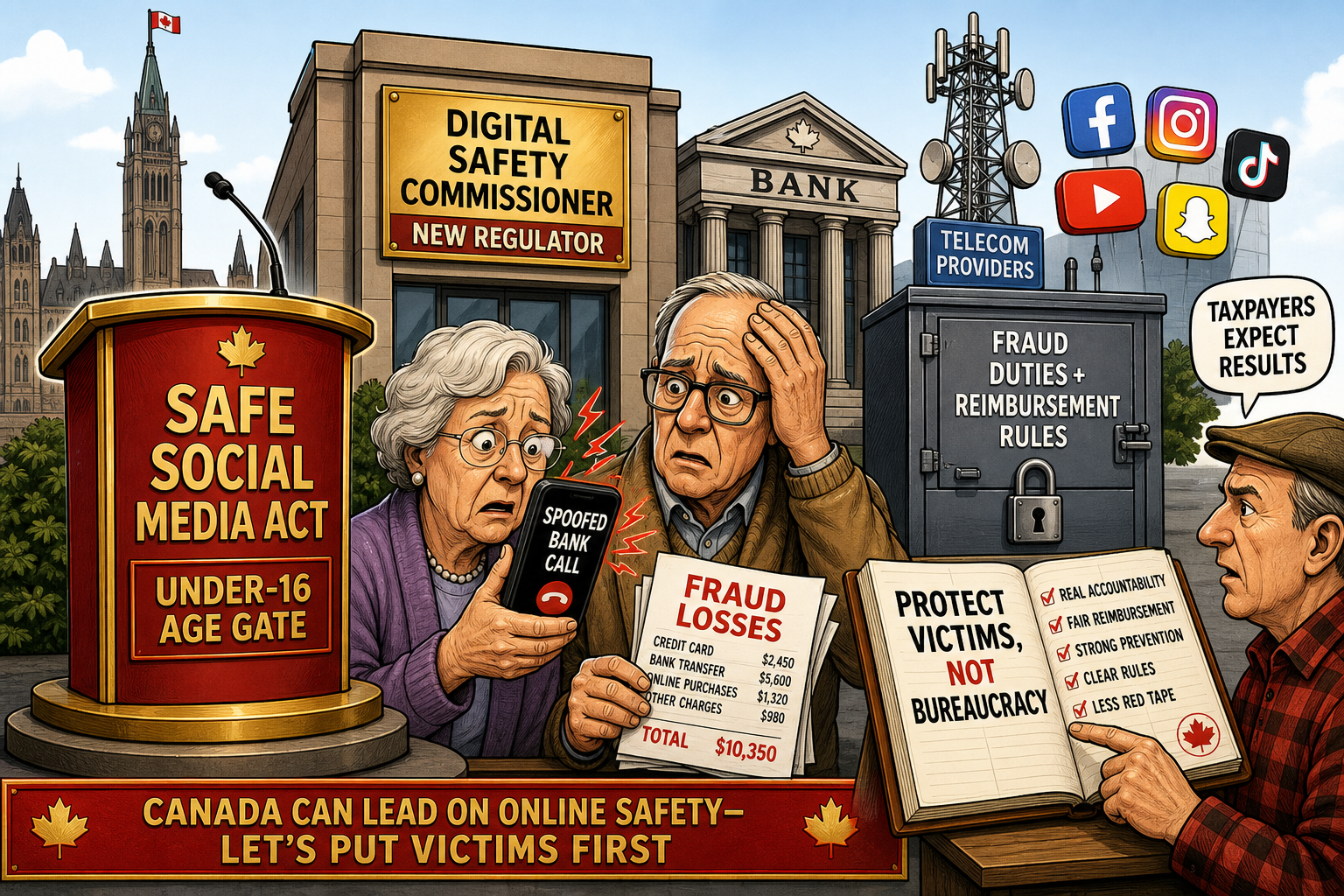 Editorial cartoon showing Ottawa's online harms bill and age gate while seniors face spoofed bank-call fraud and taxpayers demand bank, telecom and platform fraud receipts