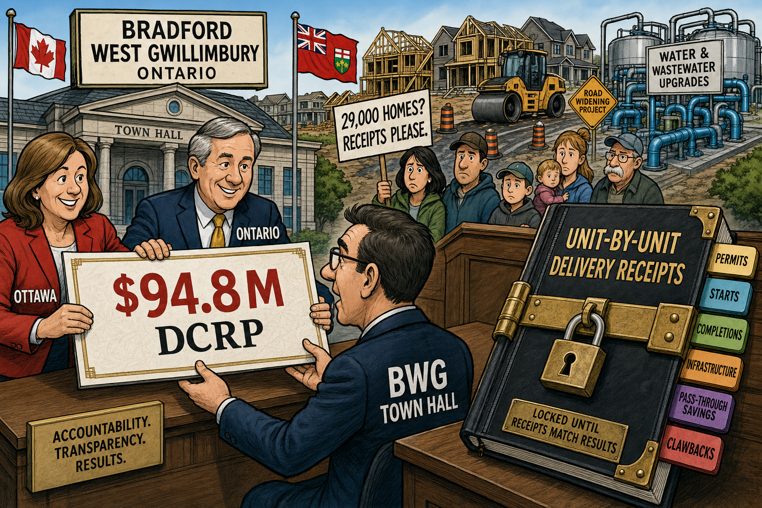 Editorial cartoon showing a $94.8M Bradford housing infrastructure cheque beside a locked unit-by-unit delivery receipts ledger while taxpayers ask to see the math.