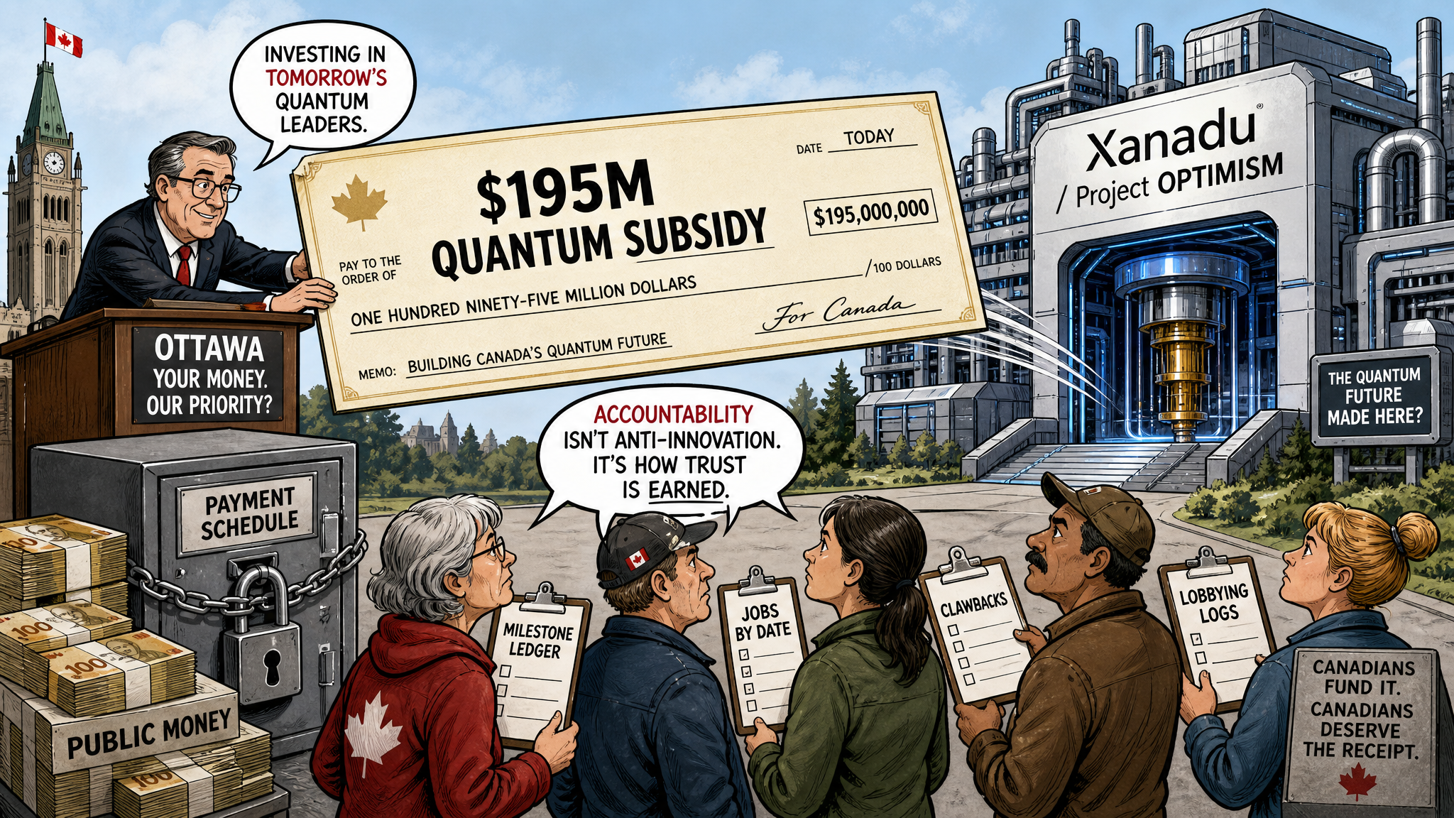 Editorial cartoon showing a giant $195M quantum subsidy cheque, a Xanadu quantum factory and taxpayers demanding milestone, jobs, IP and clawback ledgers.