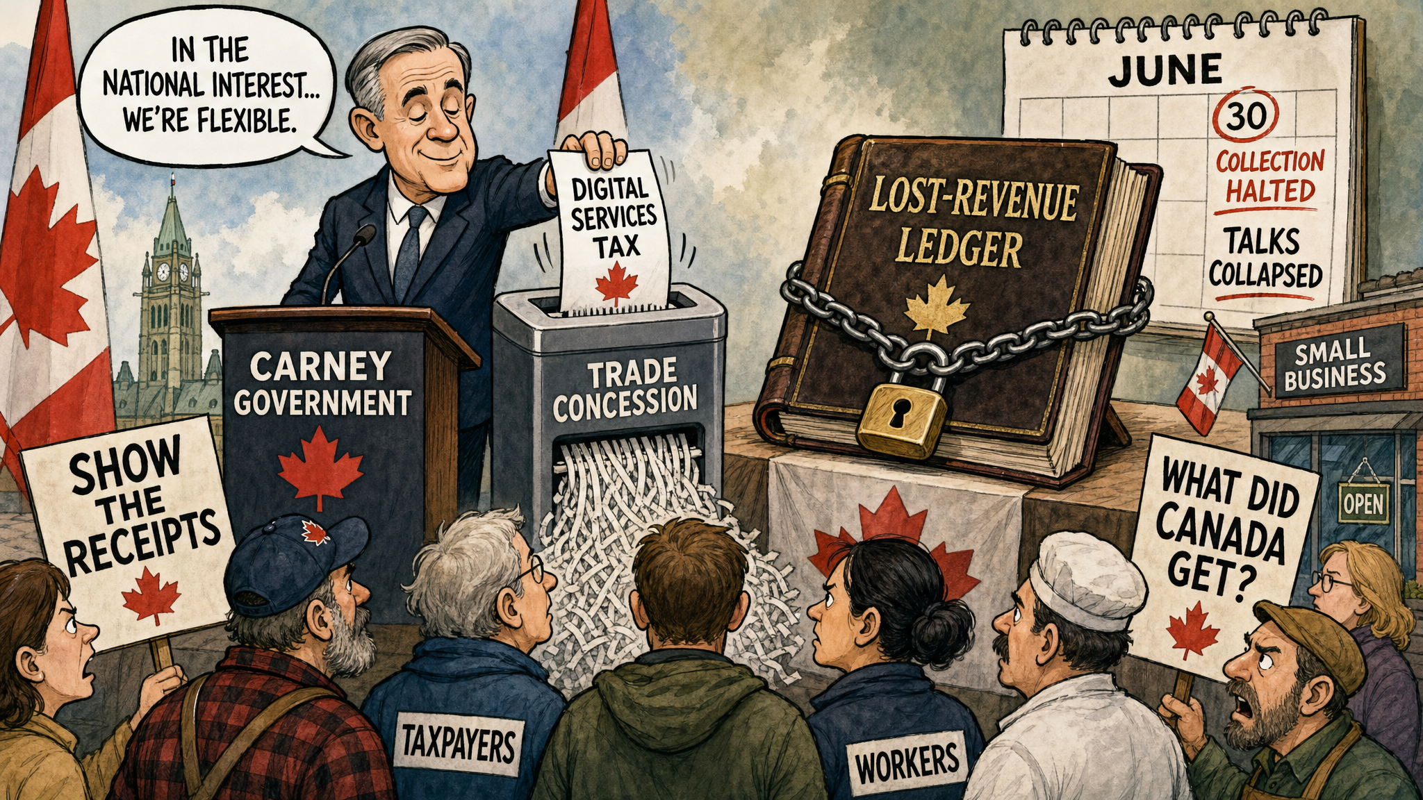 Editorial cartoon showing the Carney Government shredding a digital services tax concession beside a locked lost-revenue ledger while taxpayers demand receipts.