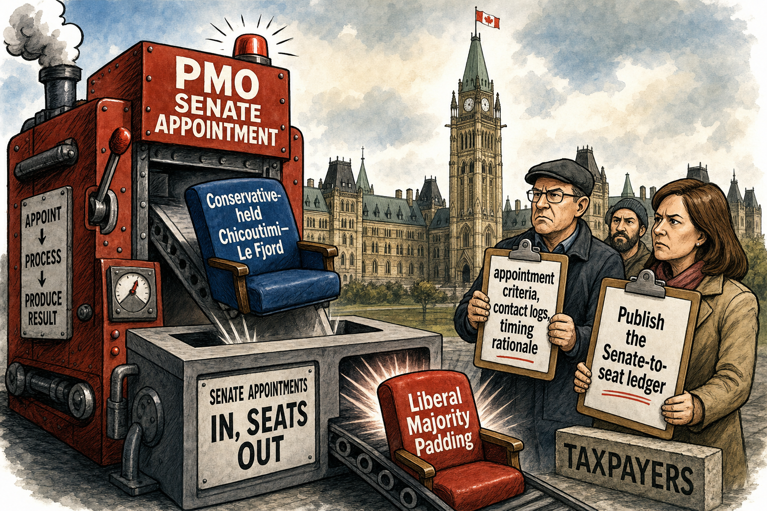 Editorial cartoon showing a PMO Senate appointment machine converting a Conservative-held seat into Liberal majority padding while taxpayers demand a Senate-to-seat ledger.