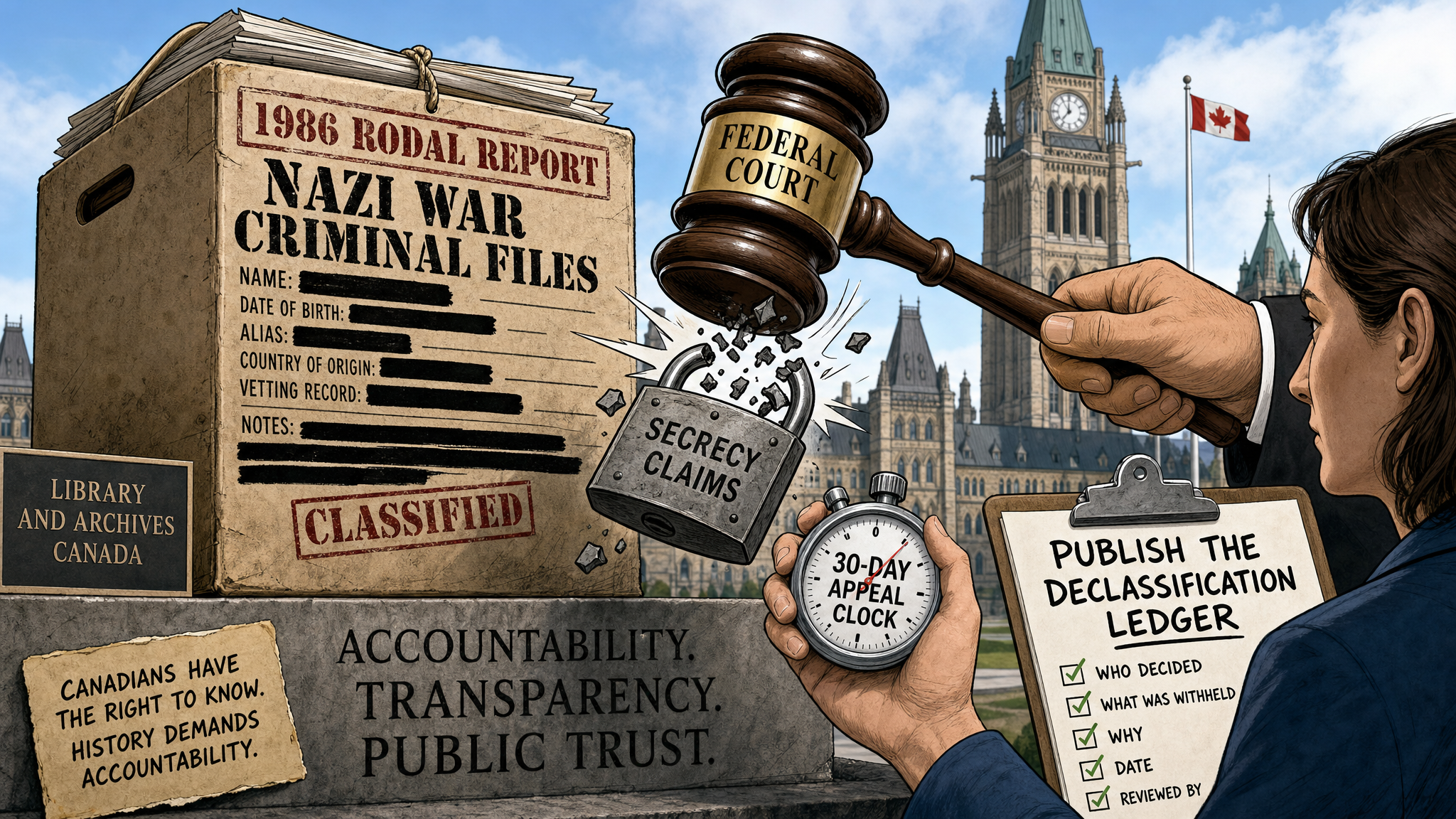 Editorial cartoon showing a Federal Court gavel cracking open redacted Nazi war criminal files while a citizen demands a declassification ledger.
