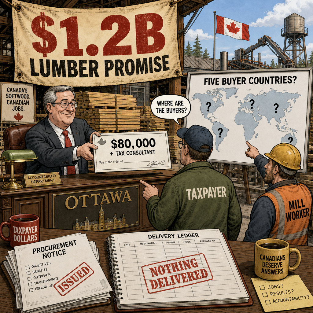 Editorial cartoon showing softwood lumber stacks, an Ottawa consultant cheque and a blank five-country buyer map while taxpayers demand a delivery ledger.