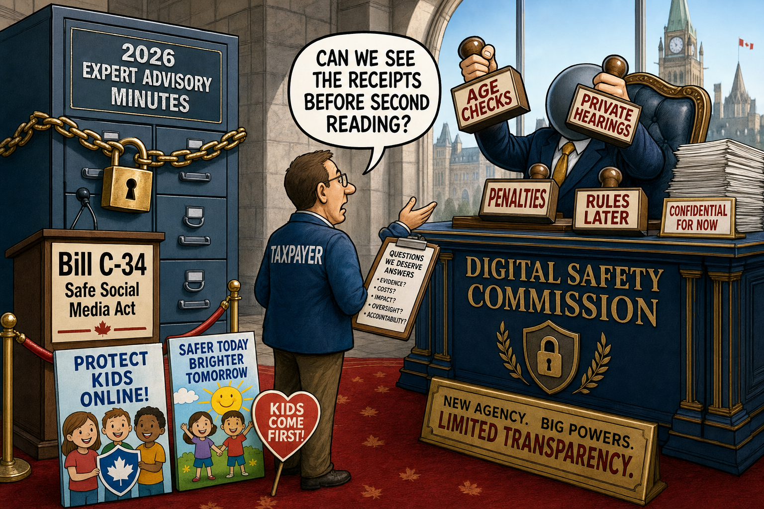 Editorial cartoon showing locked Bill C-34 advisory minutes beside a new Digital Safety Commission desk while a taxpayer asks for receipts before second reading.