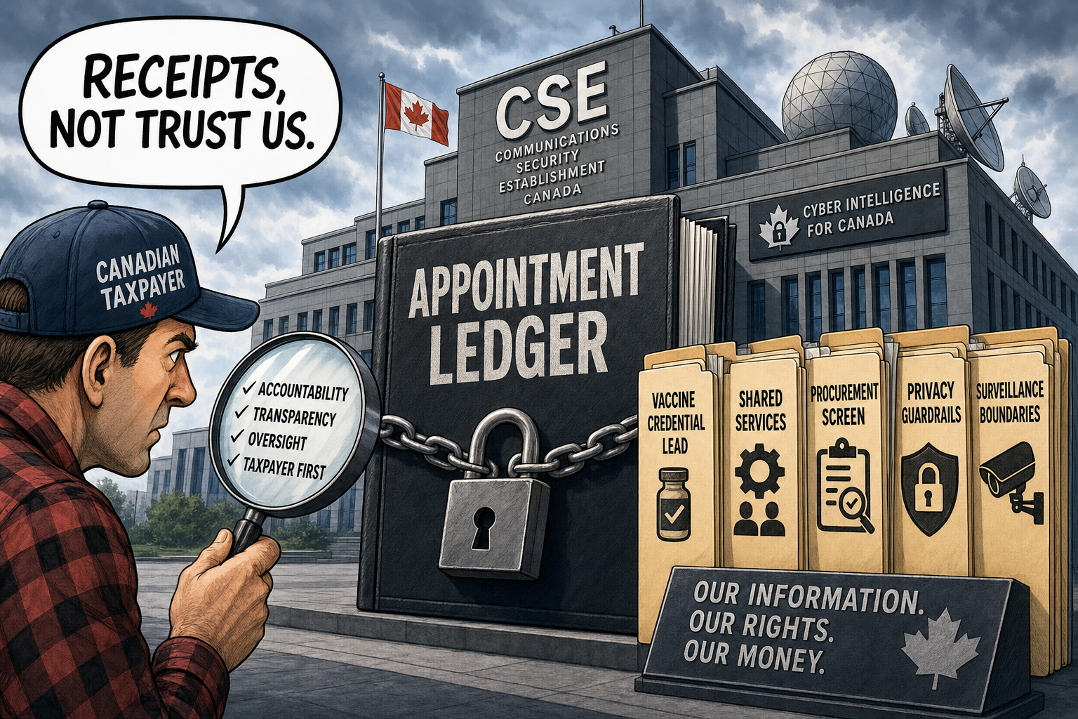 Editorial cartoon showing a locked CSE appointment ledger, vaccine credential and procurement folders while a taxpayer demands privacy and surveillance receipts