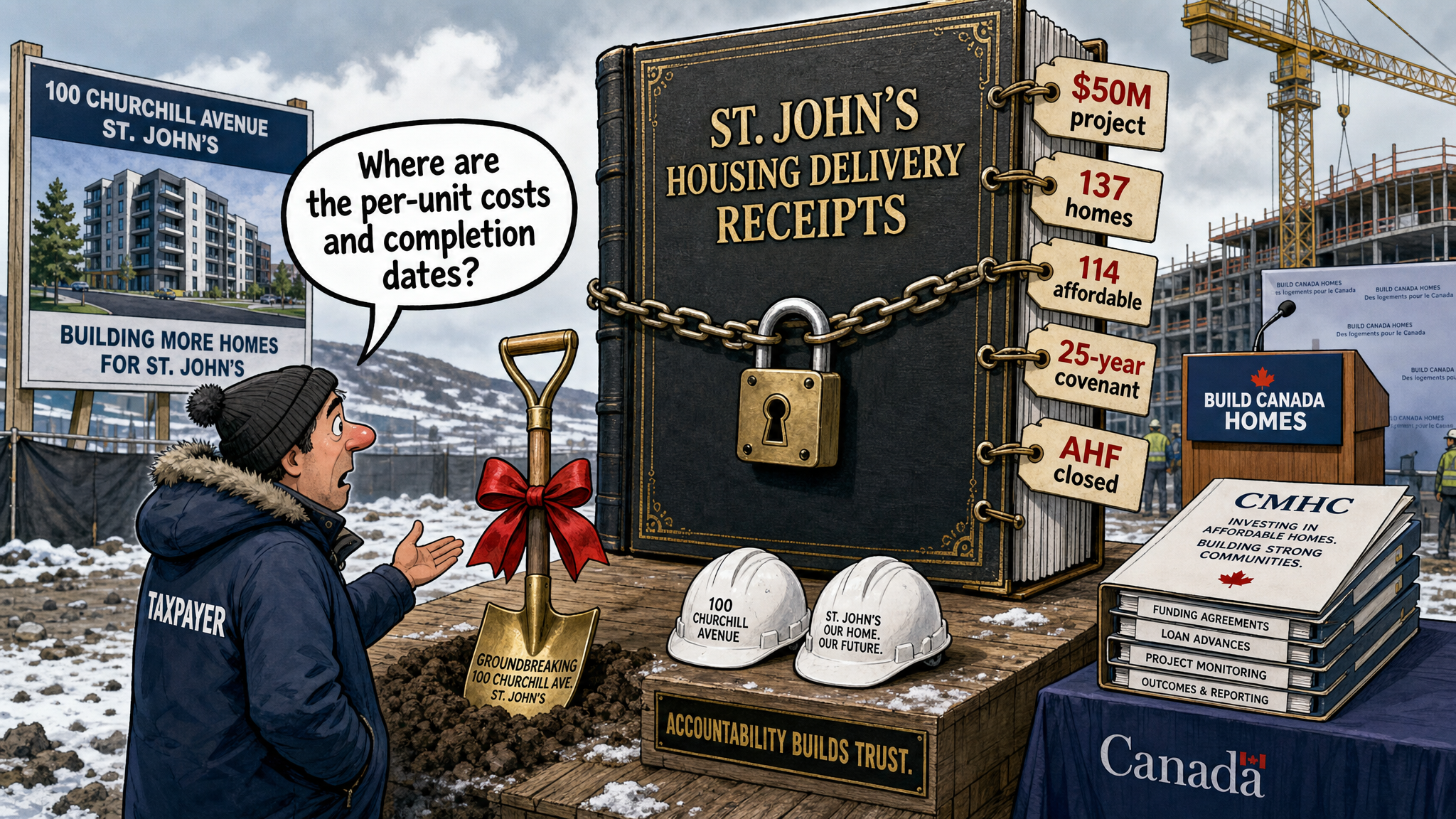 Editorial cartoon showing a St. John's housing groundbreaking beside a locked delivery ledger while a taxpayer asks for per-unit cost and completion receipts
