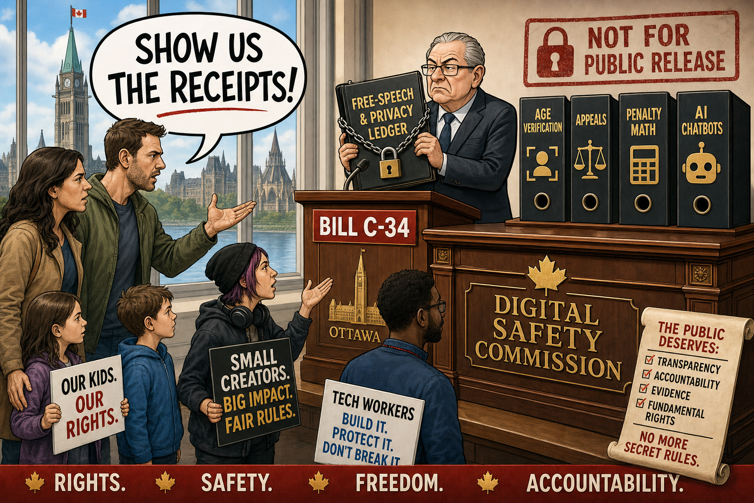 Editorial cartoon showing an Ottawa Bill C-34 podium, a Digital Safety Commission desk and a locked free-speech and privacy ledger while Canadians ask for receipts.