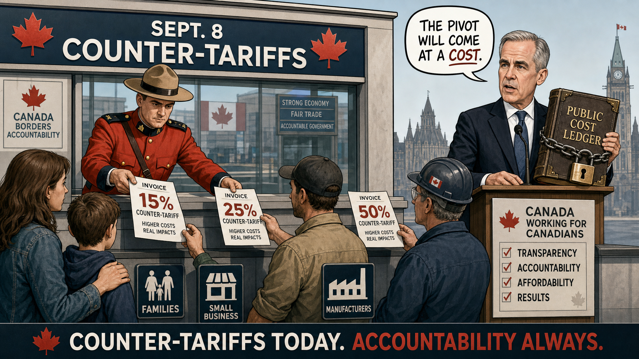 Editorial cartoon showing September 8 counter-tariff invoices being handed to Canadian families and businesses while Ottawa keeps the public cost ledger locked.