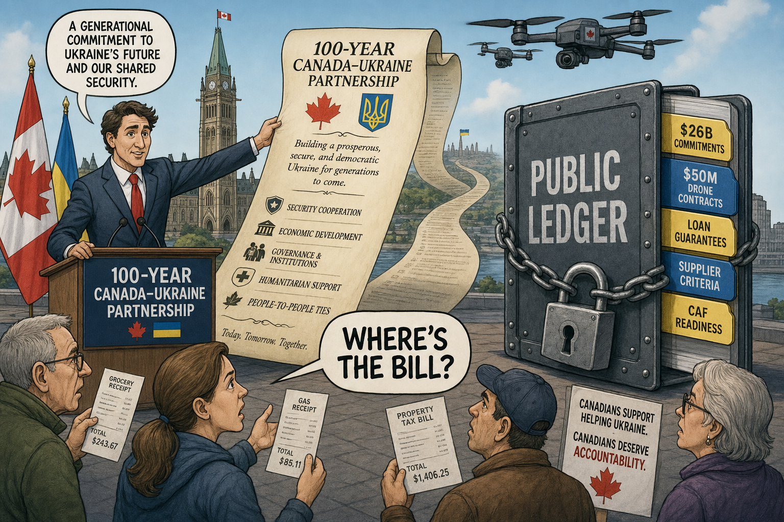 Editorial cartoon showing Ottawa announcing a 100-year Canada-Ukraine partnership beside a locked public ledger for commitments, drone contracts and loan guarantees.