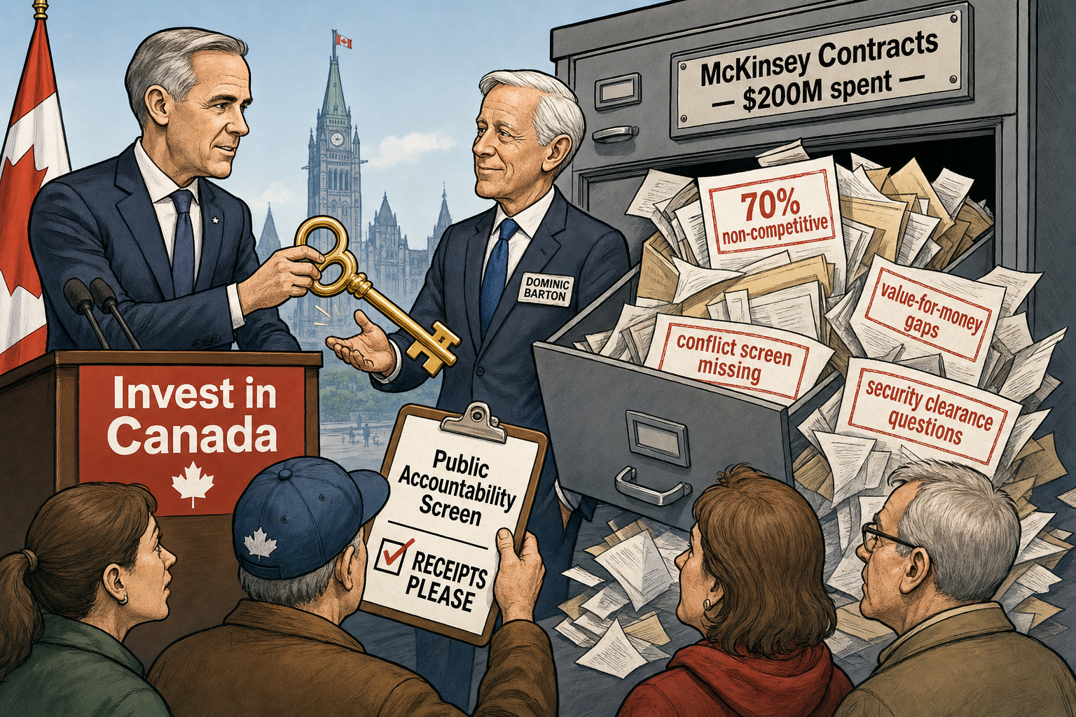 Editorial cartoon showing Prime Minister Mark Carney handing Dominic Barton the Invest in Canada key while McKinsey contract files spill out and taxpayers demand a public accountability screen.
