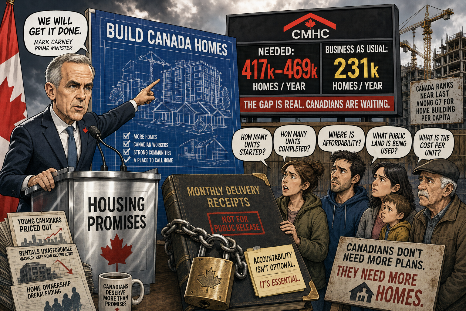 Editorial cartoon showing Prime Minister Mark Carney pointing to housing promises while a CMHC scoreboard shows Canada needs 417,000 to 469,000 homes per year and taxpayers demand a monthly delivery ledger.