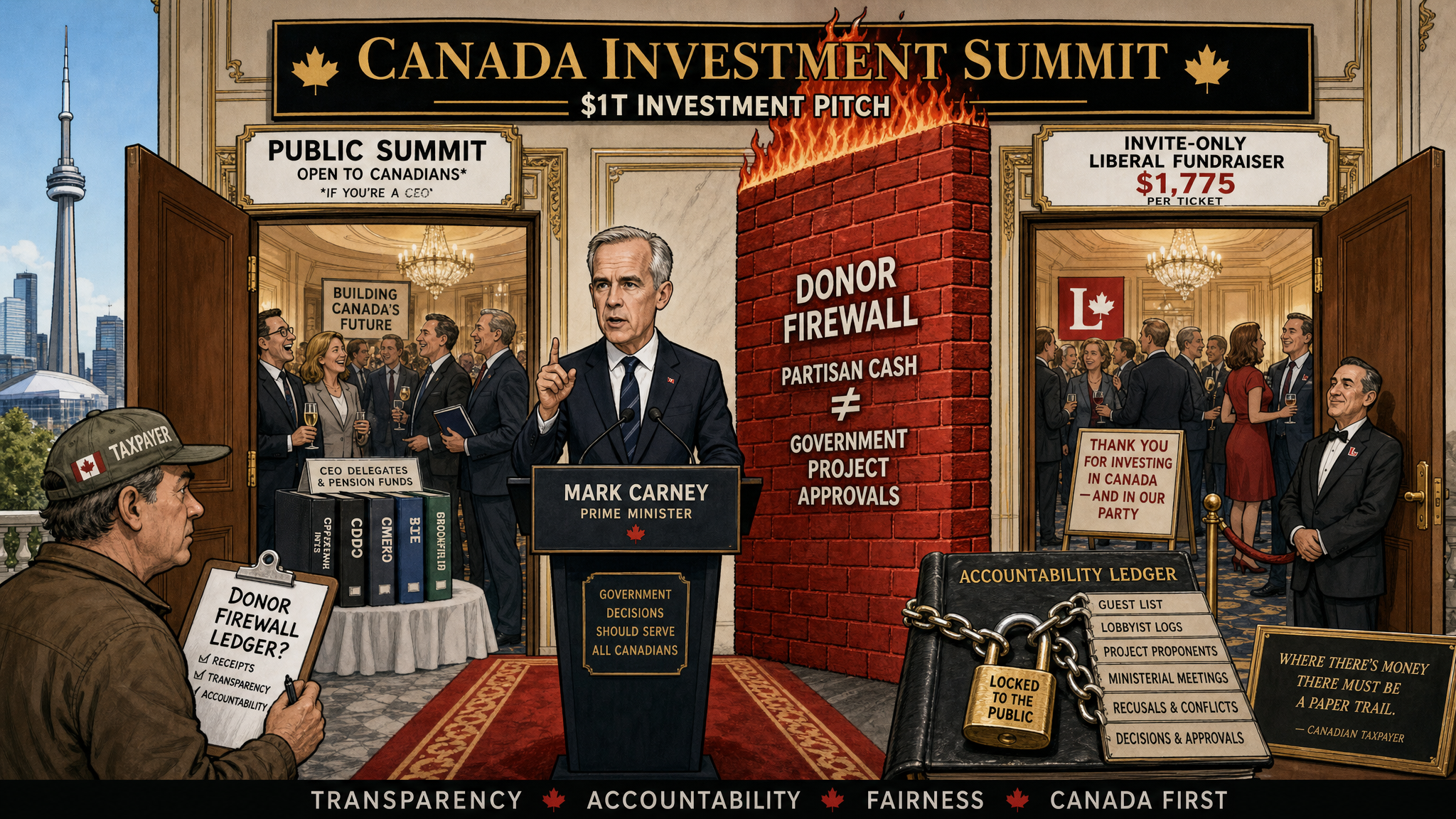 Editorial cartoon showing Carney’s Canada Investment Summit beside an invite-only Liberal fundraiser while taxpayers demand a donor firewall ledger.