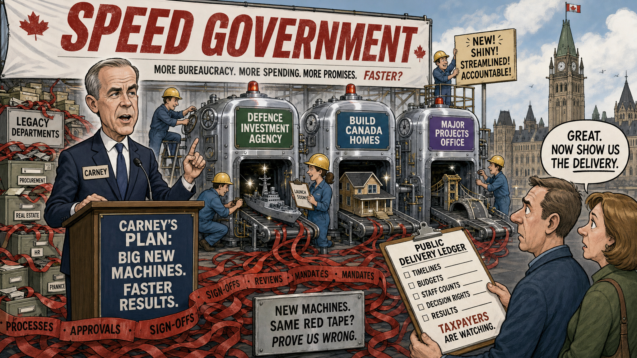 Editorial cartoon showing Prime Minister Mark Carney’s speed government creating new Ottawa agencies while taxpayers demand a public delivery ledger.
