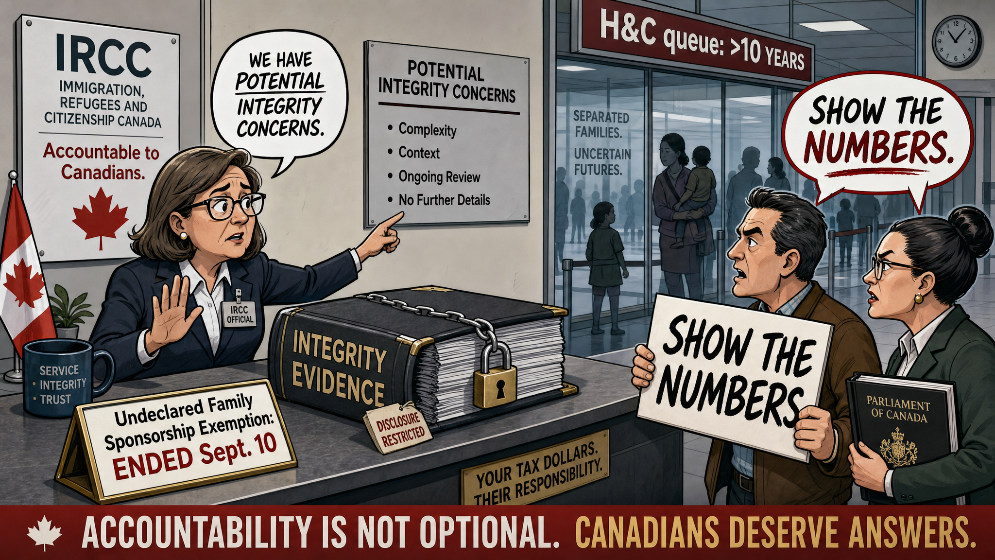 Editorial cartoon showing an IRCC office with a locked integrity-evidence binder while taxpayers and Parliament demand numbers on the ended family-sponsorship exemption.
