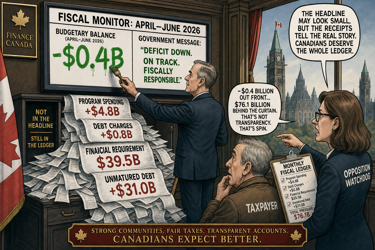 Editorial cartoon showing a Fiscal Monitor scoreboard with a small deficit headline beside rising program spending, debt charges and cash financing receipts.