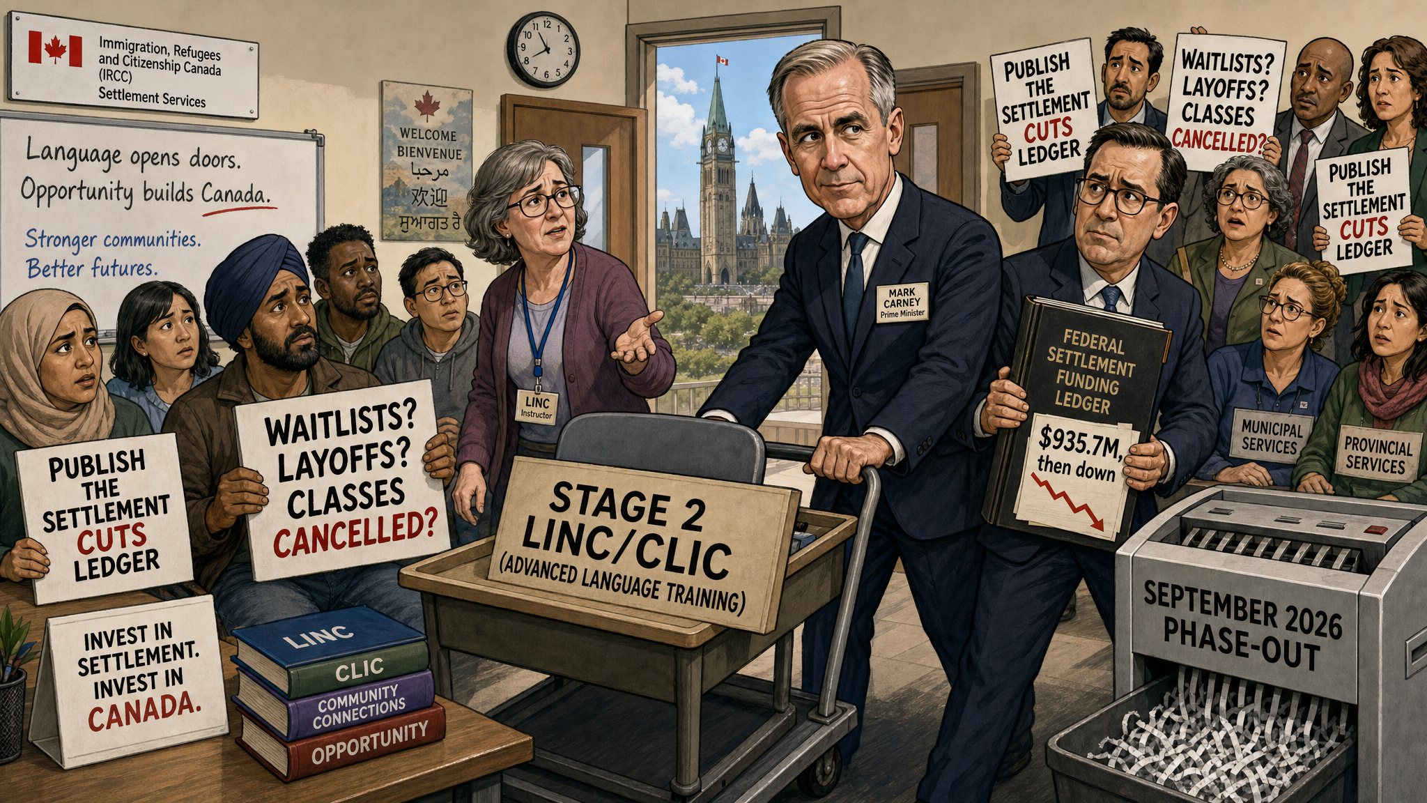 Editorial cartoon showing an IRCC settlement classroom where Stage 2 LINC and CLIC advanced language training is being rolled away while taxpayers demand a settlement cuts ledger.
