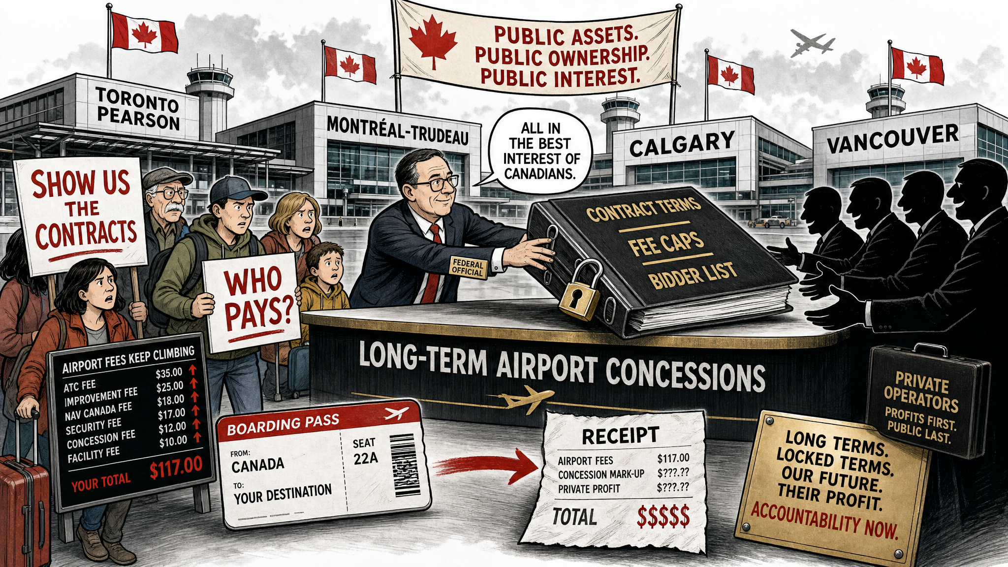 Editorial cartoon showing Canada’s four biggest airports behind a locked concession-contract binder while travellers demand fee caps and bidder transparency.