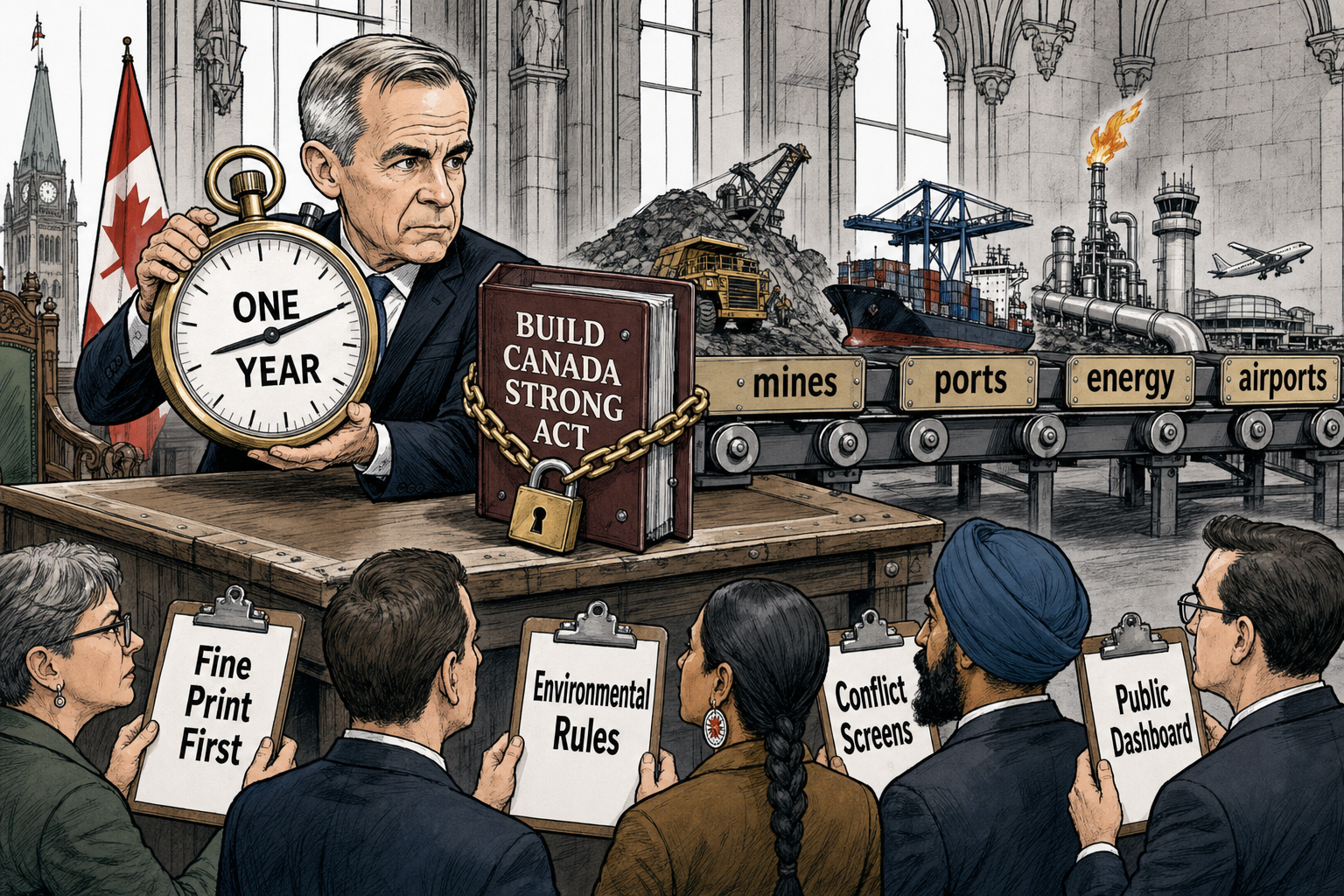 Editorial cartoon showing Carney with a one-year stopwatch and a locked Building Canada Strong Act binder while Canadians demand the fine print.