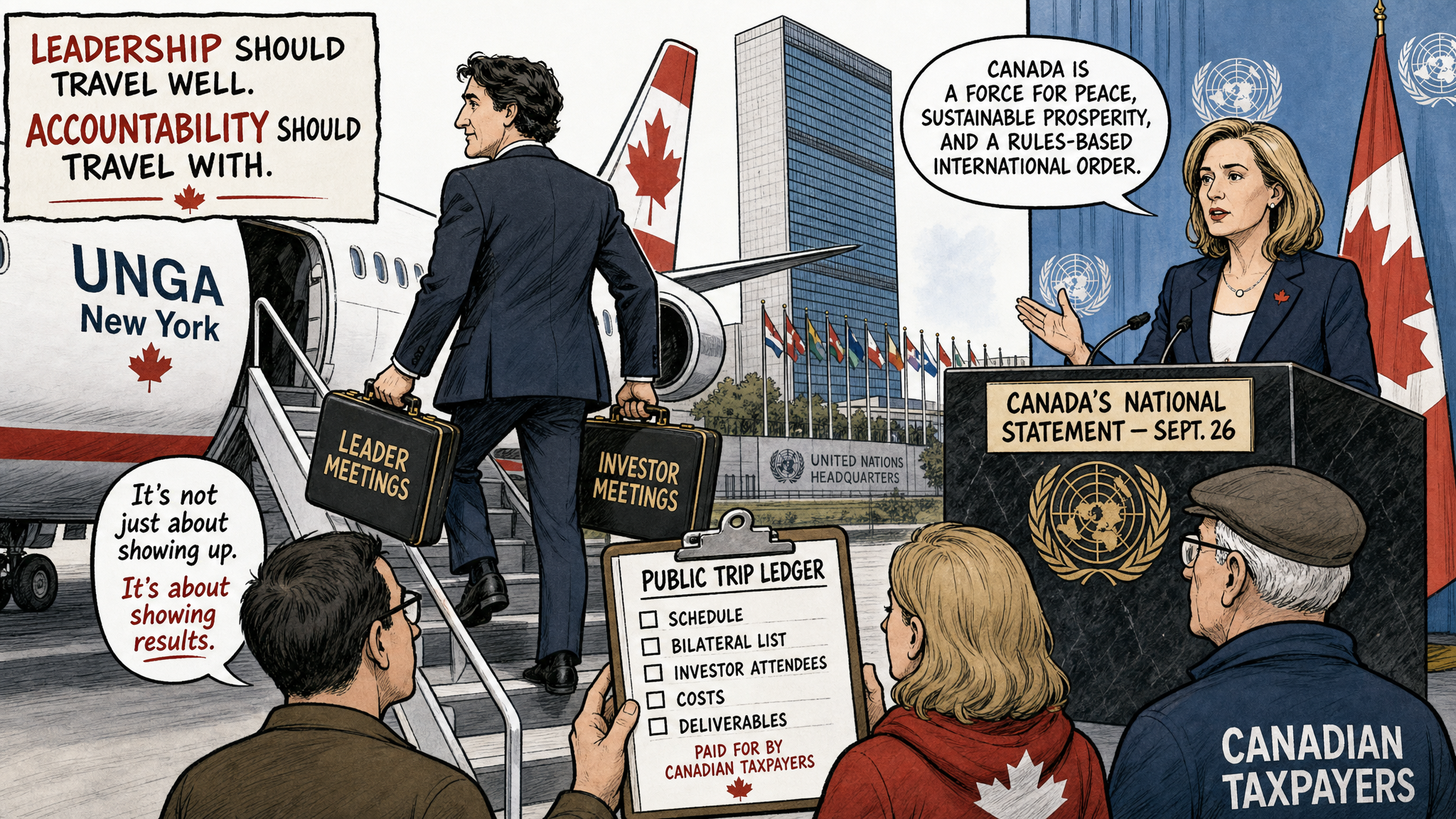 Editorial cartoon showing Carney boarding a UNGA New York plane with leader and investor meeting briefcases while Canadians demand a public trip ledger.