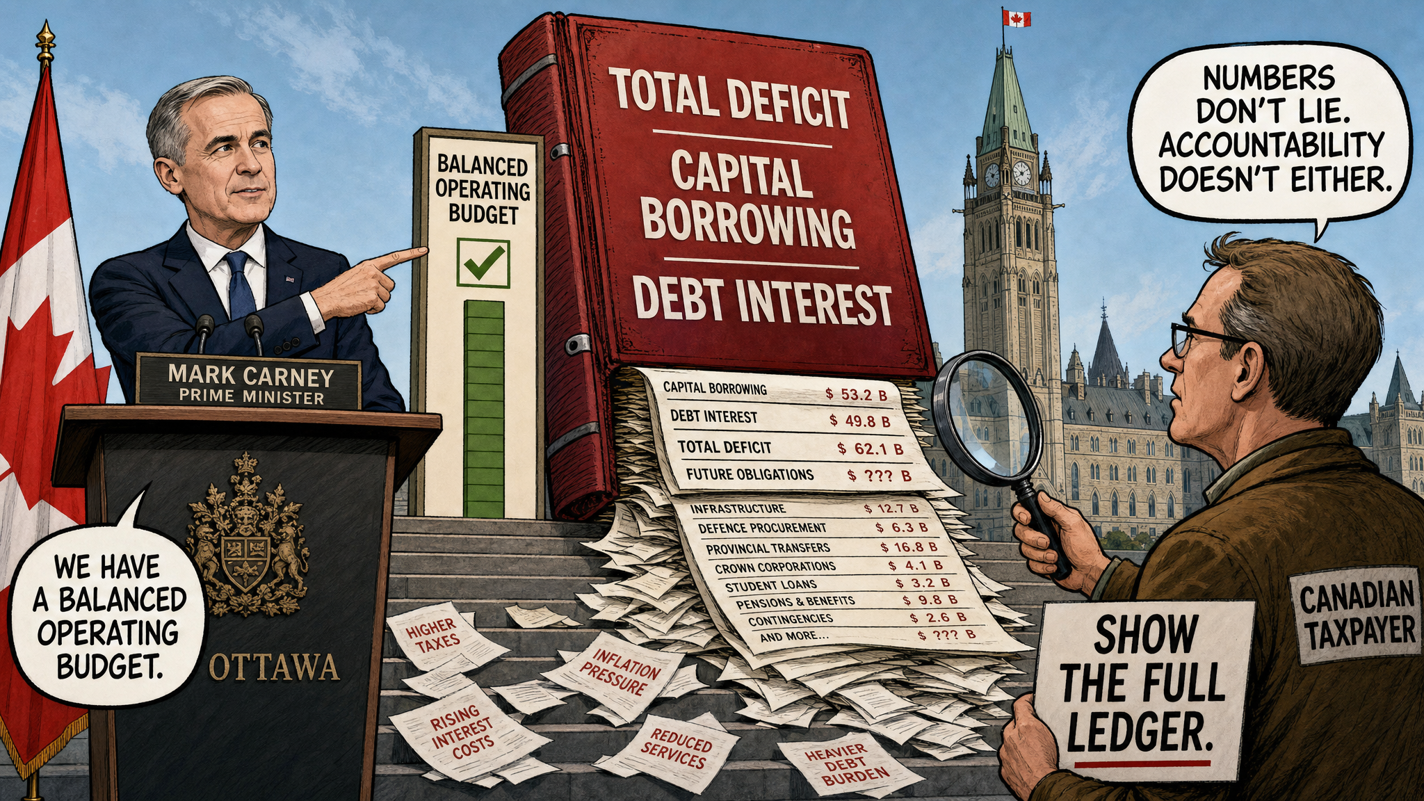 Editorial cartoon showing Mark Carney at a balanced operating budget podium while a larger total deficit ledger spills out behind him and taxpayers demand the full ledger.