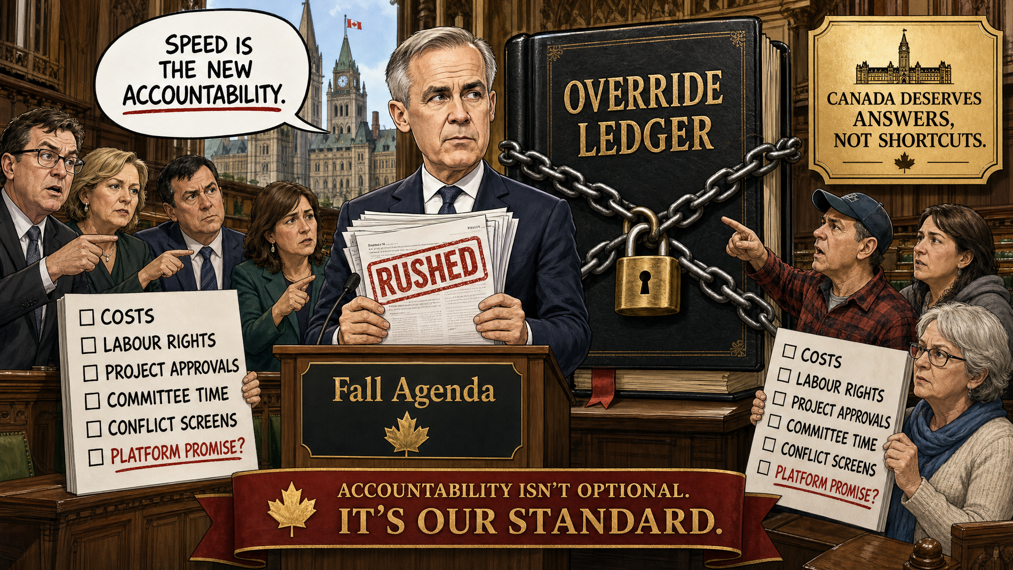 Editorial cartoon showing Mark Carney with a rushed fall agenda stack while Canadians demand a public override ledger for costs, labour rights, committee time and conflict screens.