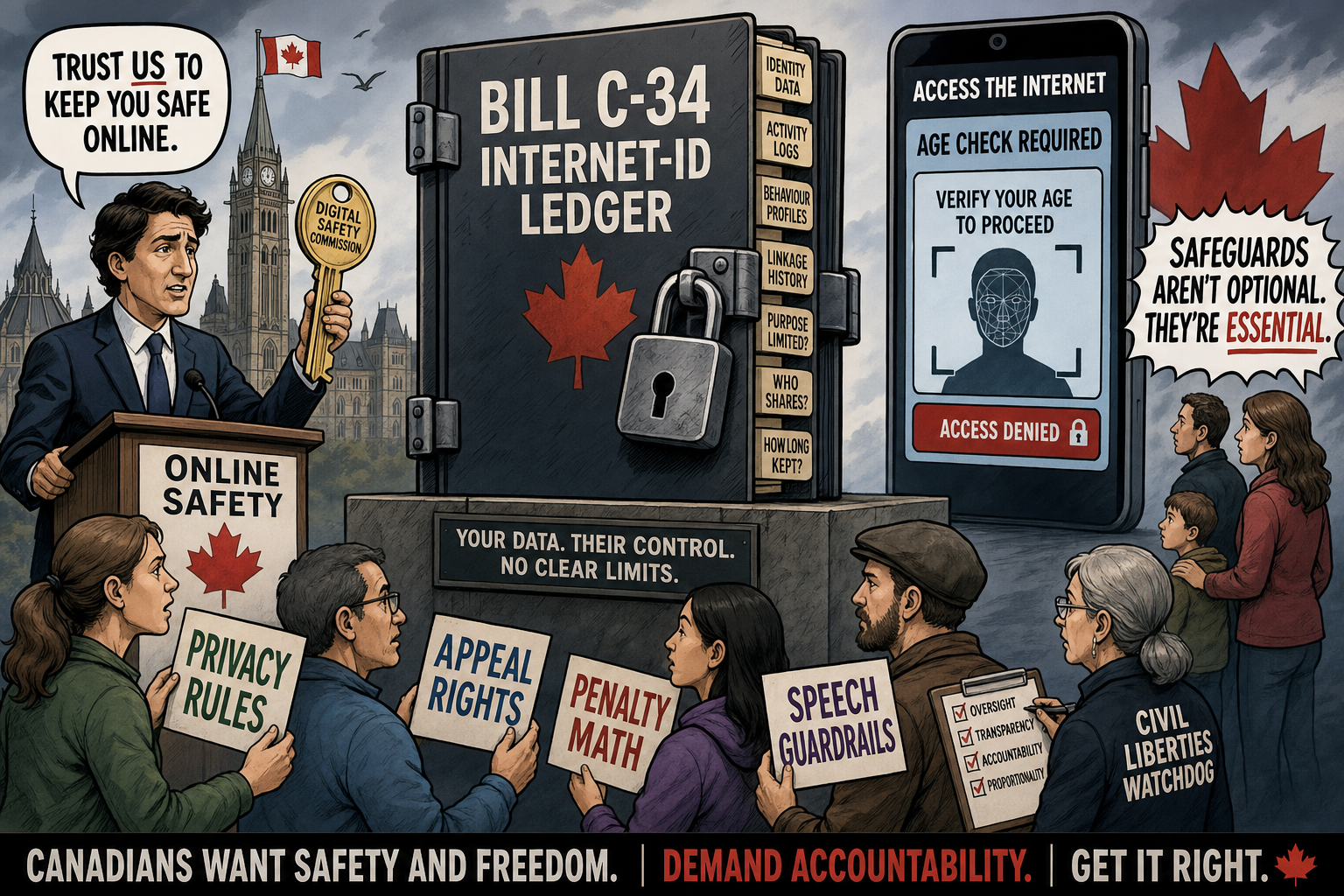 Editorial cartoon showing Bill C-34 as a locked internet-ID ledger beside an online-safety podium, a smartphone age-check gate and Canadians demanding privacy rules, appeal rights and speech guardrails.