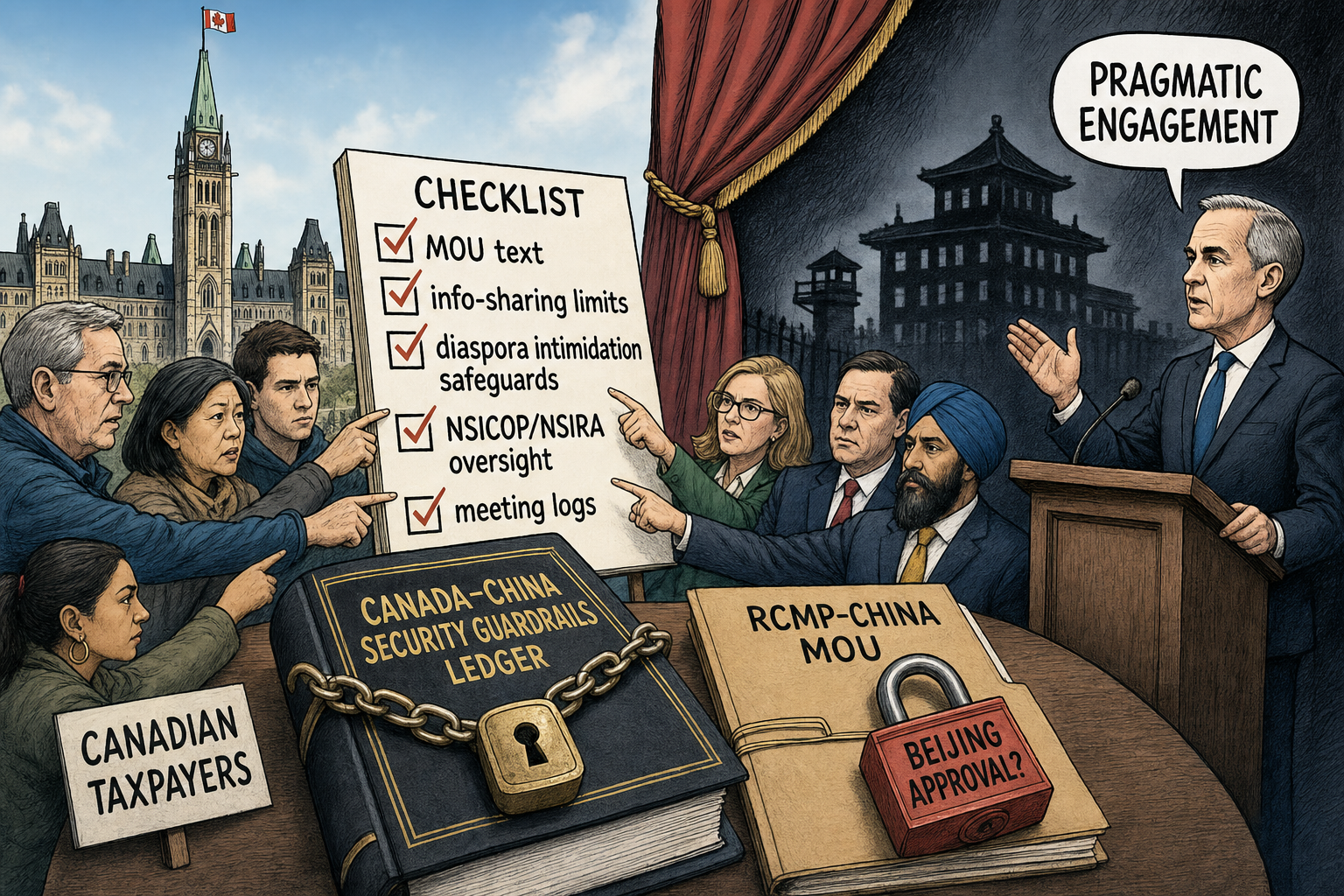Editorial cartoon showing a locked Canada-China security guardrails ledger, a sealed RCMP-China MOU and Canadians demanding transparency before deeper security cooperation.