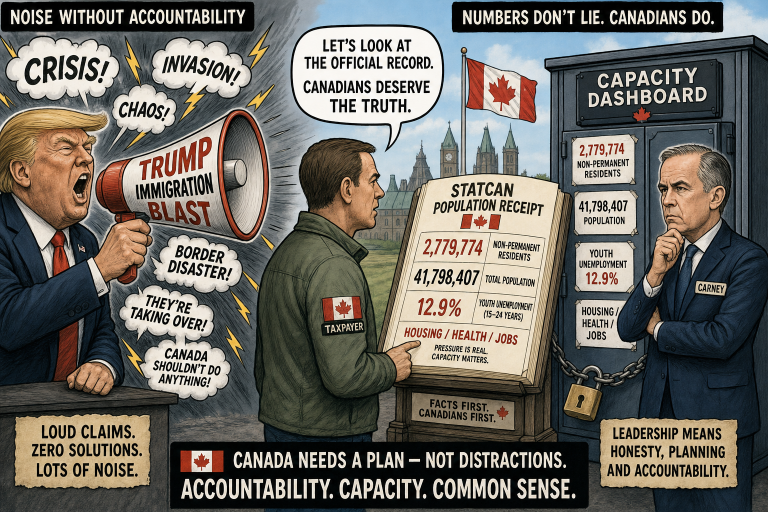 Editorial cartoon showing a Trump immigration megaphone beside a Statistics Canada population ledger while taxpayers demand a capacity dashboard from Ottawa.